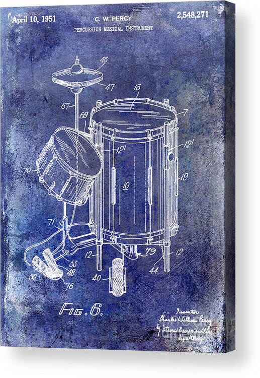 Drum Acrylic Print featuring the photograph 1951 Drum Kit Patent Blue by Jon Neidert