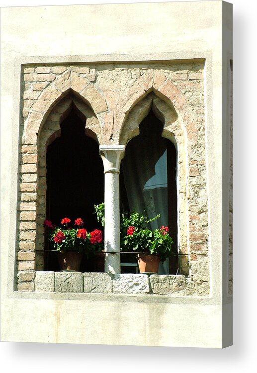 Windows And Doors Acrylic Print featuring the photograph 2 Geraniums in Ornate Window by Donna Corless