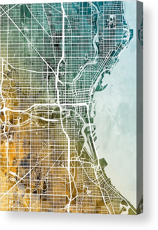 Milwaukee Acrylic Print featuring the digital art Milwaukee Wisconsin City Map #2 by Michael Tompsett