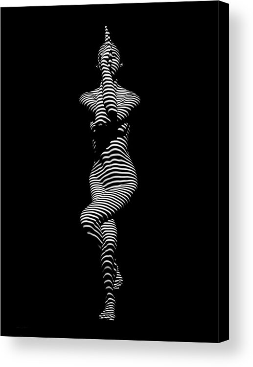 Yoga Acrylic Print featuring the photograph 9486-DJA Yoga Woman Illuminated in Stripes Zebra Black White Absraction Photograph by Chris Maher by Chris Maher