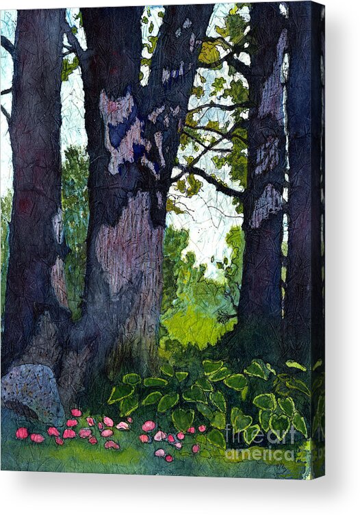 Trees Acrylic Print featuring the painting A View Through the Trees Watercolor Batik by Conni Schaftenaar