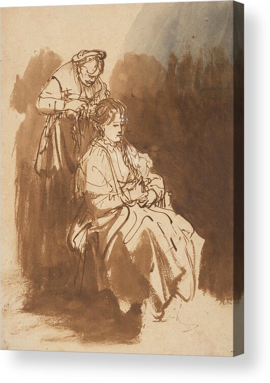 Rembrandt Acrylic Print featuring the drawing A Young Woman Having Her Hair Braided by Rembrandt