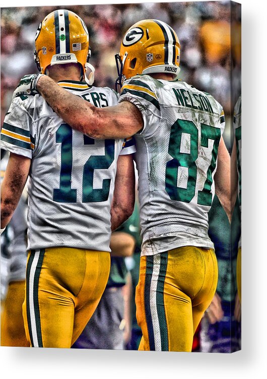 Aaron Rodgers Acrylic Print featuring the painting Aaron Rodgers Jordy Nelson Green Bay Packers Art by Joe Hamilton