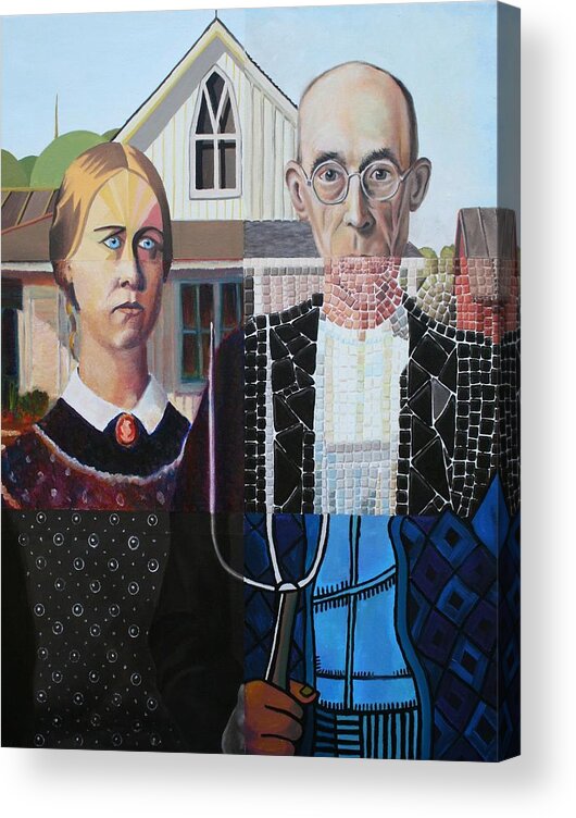 American Gothic Acrylic Print featuring the painting American Gothic after Grant Wood in Six Styles by Katherine Huck Fernie Howard