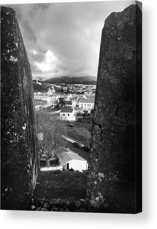 Kelly Hazel Acrylic Print featuring the photograph Angra do Heroismo from Monte Brasil in Black and White by Kelly Hazel