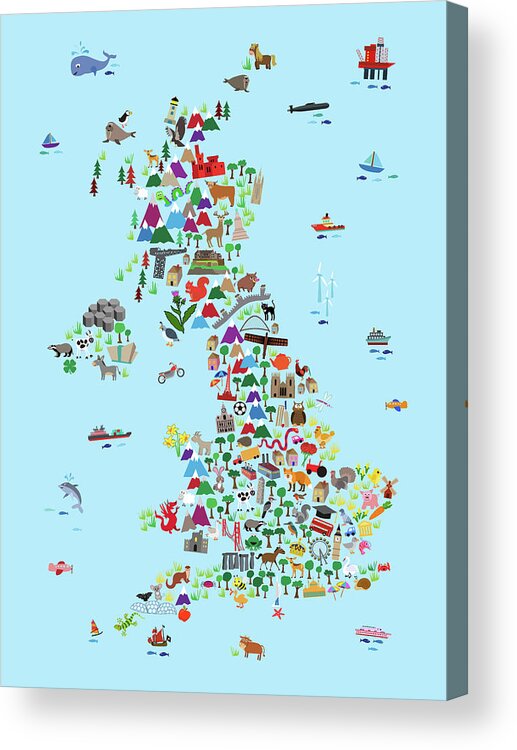 Great Britain Map Acrylic Print featuring the digital art Animal Map of Great Britain and NI for children and kids by Michael Tompsett