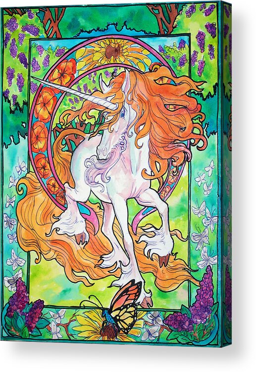 Unicorn Acrylic Print featuring the painting Art nuevo unicorn by Jenn Cunningham