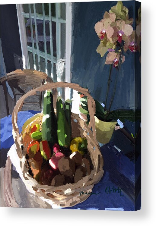 Rockport Farmer's Market Acrylic Print featuring the painting Basket of Veggies and Orchid by Melissa Abbott