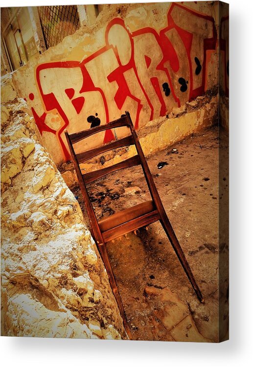 Beirut Acrylic Print featuring the photograph Beirut Graffiti with a lonely Chair by Funkpix Photo Hunter