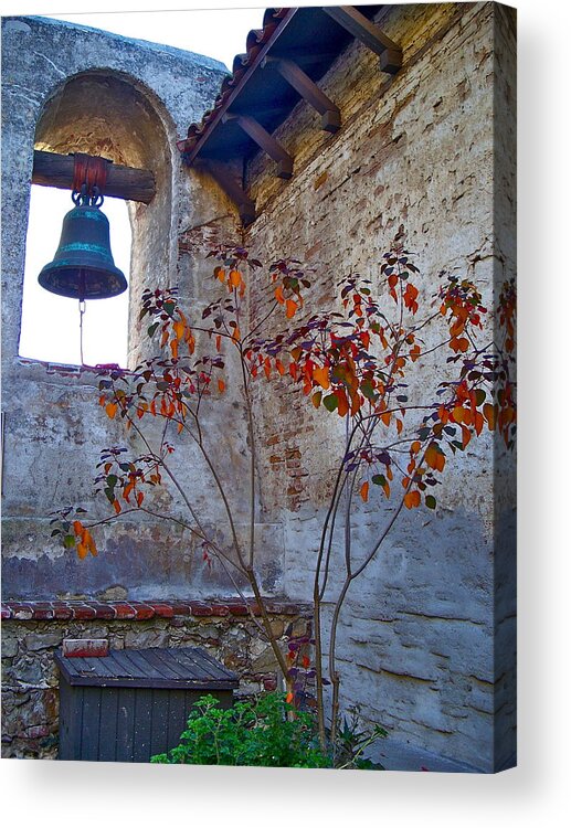 Mission Acrylic Print featuring the photograph Bell Wall and eastern wall of Serra Chapel in Sacred Garden Mission San Juan Capistrano California by Karon Melillo DeVega