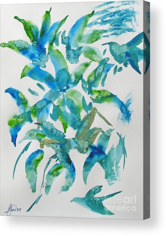Birds Acrylic Print featuring the painting Birds and Blooms by Shelley Jones