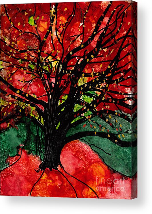 Blazing Autumn Tree Acrylic Print featuring the mixed media Blazing Red Orange Autumn Tree by Conni Schaftenaar