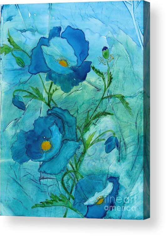 Poppies Acrylic Print featuring the painting Blue Poppies, Watercolor on Yupo by Conni Schaftenaar
