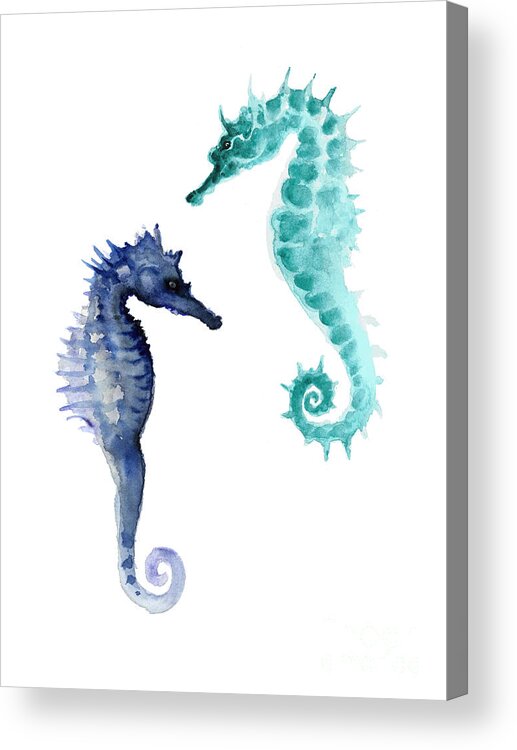 Seahorses Acrylic Print featuring the painting Blue seahorses watercolor painting by Joanna Szmerdt