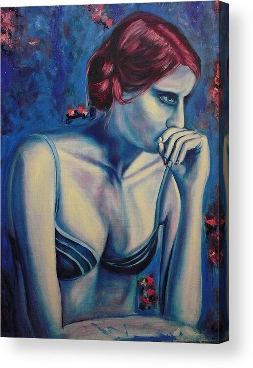 Blue Acrylic Print featuring the painting Blue Woman Thinking by Ericka Herazo