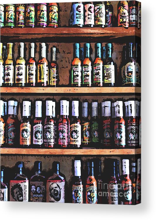 Hot Sauce Acrylic Print featuring the digital art Bottles of Hot Sauce by Phil Perkins