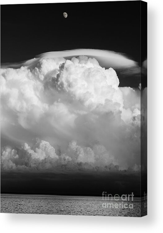 Building A Mystery Supercel Lake Superior Moon Over Lake Superior Black And White Bw Monochrome Sky Mary Amerman Acrylic Print featuring the photograph Building a Mystery by Mary Amerman