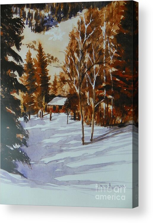 Landscape Acrylic Print featuring the painting Cabin In The Mountain Snow by David Ackerson