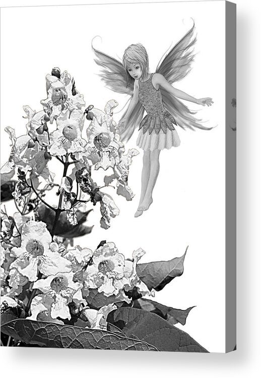 Catalpa Tree Acrylic Print featuring the digital art Catalpa Tree Fairy with Flowers B And W by Yuichi Tanabe