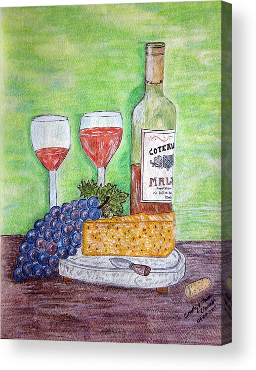 Cheese Acrylic Print featuring the painting Cheese Wine and Grapes by Kathy Marrs Chandler