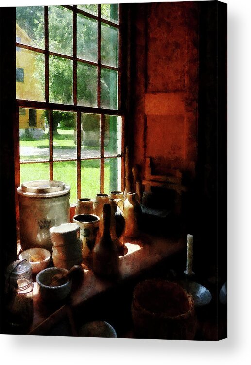 Jars Acrylic Print featuring the photograph Clay Jars on Windowsill by Susan Savad