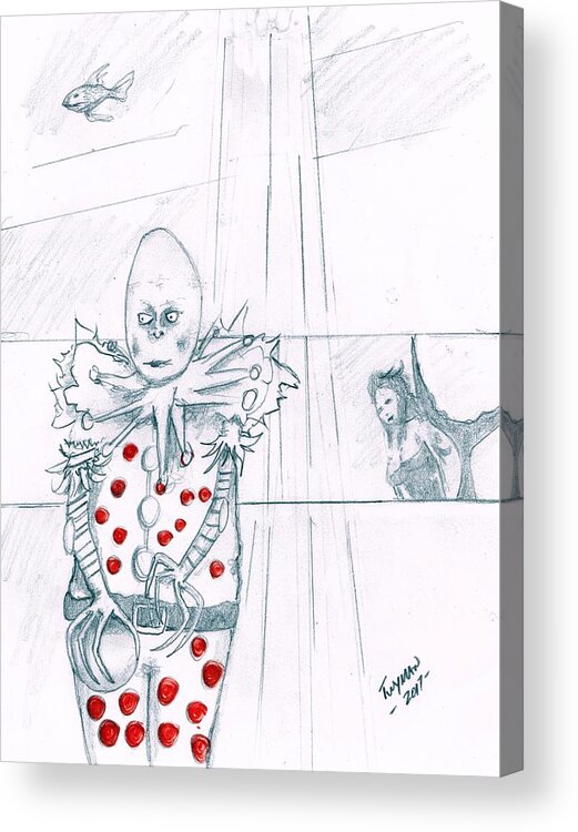 Clown Acrylic Print featuring the drawing Clown with Crystal Ball and Mermaid by Dan Twyman