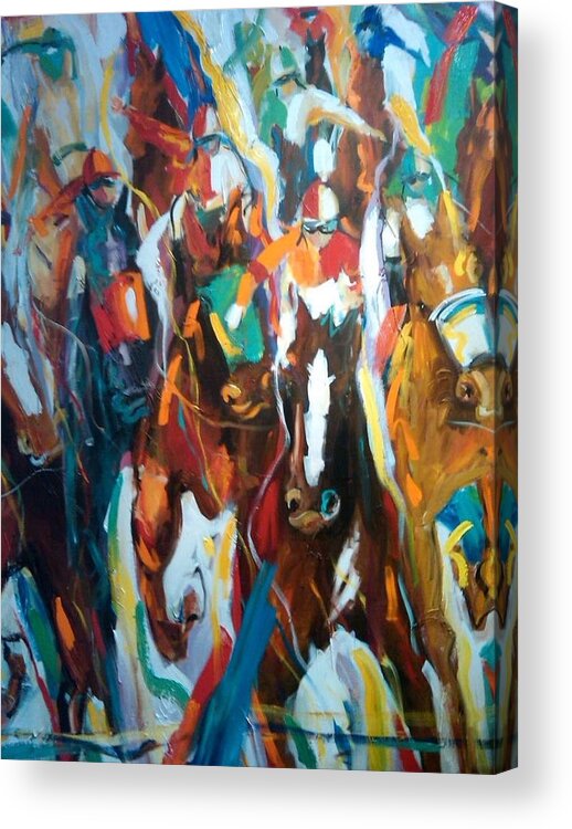 Race Track Acrylic Print featuring the painting Coming up green by Heather Roddy