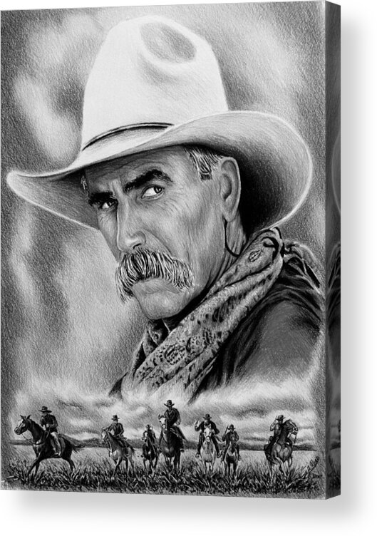 Sam Elliot Acrylic Print featuring the drawing Cowboy bw by Andrew Read