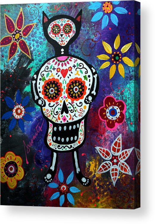 Day Of The Dead Acrylic Print featuring the painting Dia De Los Muertos Cat by Pristine Cartera Turkus