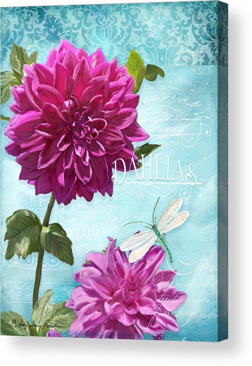 Dahlias Acrylic Print featuring the painting Dinnerplate Dahlia Flower w Dragonfly by Audrey Jeanne Roberts