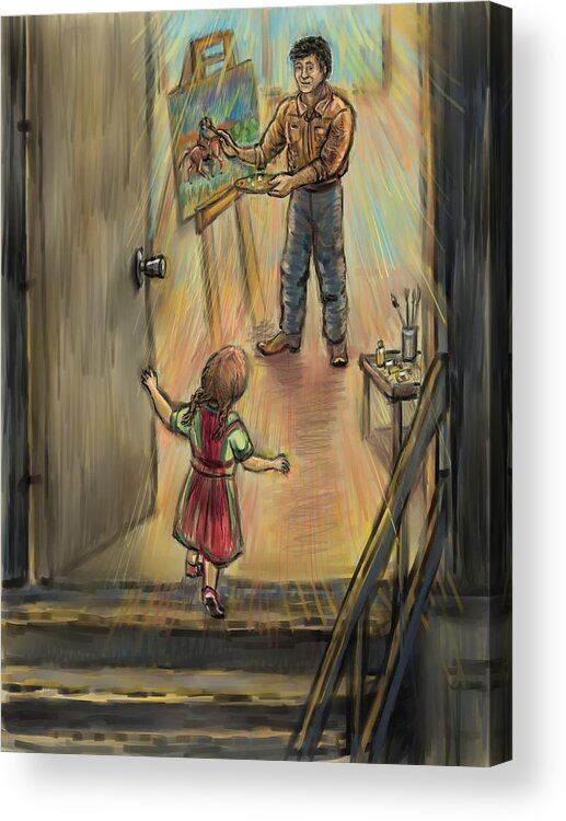 Father Acrylic Print featuring the drawing Discovering Daddy's World by Dawn Senior-Trask