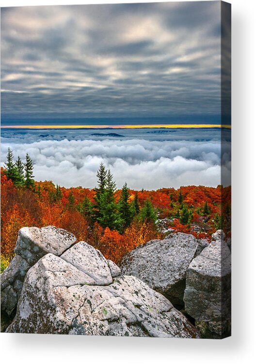 162 Dolly Sods Inversion Landscape Plant Tree Forest Horizon Rock Boulder Stone Sky Cloud West Virginia Wv United States America Outside Dawn Morning Sunrise Dusk Sunset Evening Twilight Fall Autumn Cloudy Overcast Storm Vertical Tall Inversion Bold Contrast Depth Deep Dimension Graphic Luminous Radiant Lit Texture Vibrant Vivid Colorful Red Scarlet Orange Yellow Gold Green Blue Gray Grey Charcoal Silver Atmosphere Ambient Copper Color Country Steve Steven Maxx Photography Photo Photographs Acrylic Print featuring the photograph Dolly Sods Inversion by Steven Maxx