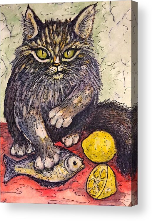 Cat Acrylic Print featuring the painting Don't Touch My Lunch by Rae Chichilnitsky