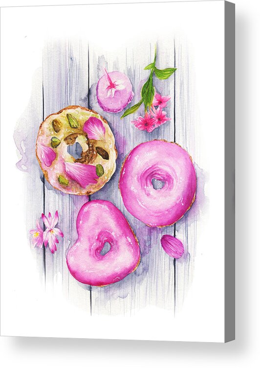 Pink Acrylic Print featuring the painting Donuts, Watercolor illustration by Koma Art