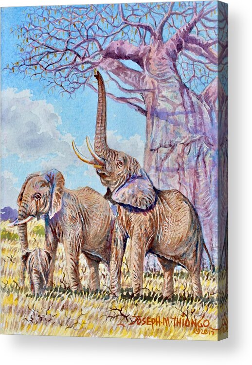 Africa Acrylic Print featuring the painting Feeding Elephants by Joseph Thiongo