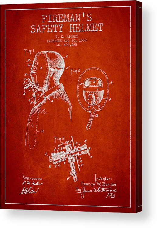 Fireman Acrylic Print featuring the digital art Firemans Safety Helmet Patent from 1889 - Red by Aged Pixel