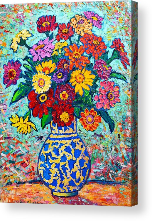 Flowers Acrylic Print featuring the painting Flowers - Colorful Zinnias Bouquet by Ana Maria Edulescu