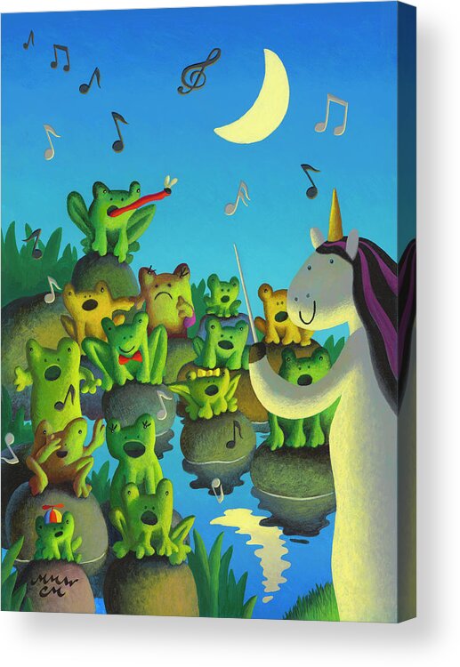 Chris Miles Frogs Unicorn Singing Choir Music Moonlight Swamp Acrylic Print featuring the painting Frog Choir by Chris Miles