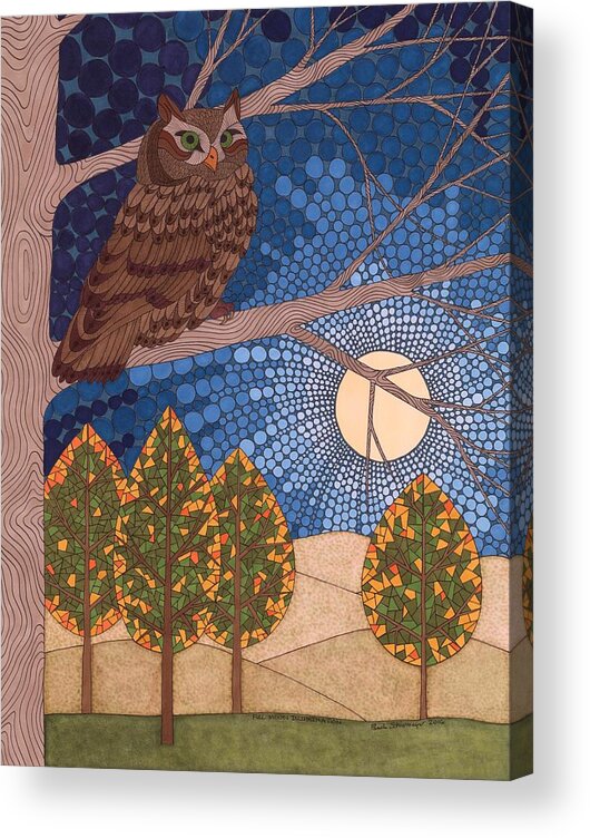 Owl Acrylic Print featuring the drawing Full Moon Illumination by Pamela Schiermeyer