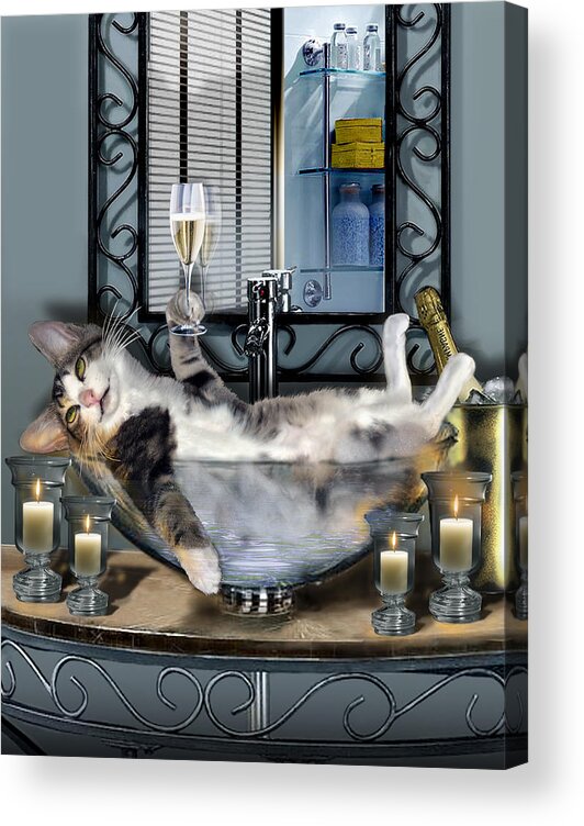 Funny Pet Print Tipsy Cat Art Print Digital Painting With A Cat Drinking Champagne Pet Canvas Art Print Tabby Cat In Humorous Scene Humorous Cat Art Print Cat Taking A Babble Bath Bathroom Scene Print Cat Taking A Bath In Candlelight Print Tipsy Cat Taking A Bath Canvas Prints Tipsy Cat Taking A Bath Greeting Card Funny Pet Art By Gina Femrite Pet Drinking Champagne Framed Print Photo Realism Pet Print Funny Animal Print Print For Bathroom Acrylic Print featuring the painting Funny pet print with a tipsy kitty by Regina Femrite