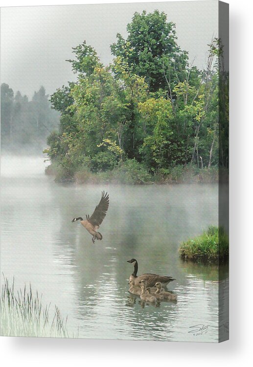 Geese Acrylic Print featuring the digital art Geese on Misty Lake by M Spadecaller