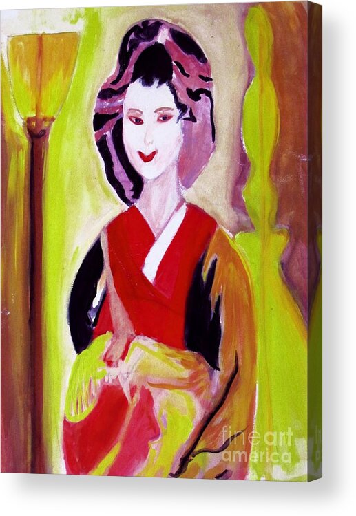 Geisha Girl Acrylic Print featuring the painting Geisha Girl Portrait painted with Picasso style by Stanley Morganstein