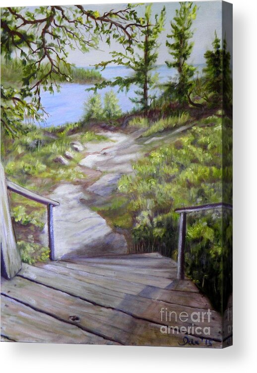 Bay Shadow Trees Light Stairs Water Sky Bay Bushes Rocks Hill Leaves Needles Fir Deciduous Landscape Islands Walkway Railing Wood Green Yellow Brown Blue Violet Acrylic Print featuring the painting Georgian Bay 1 by Ida Eriksen