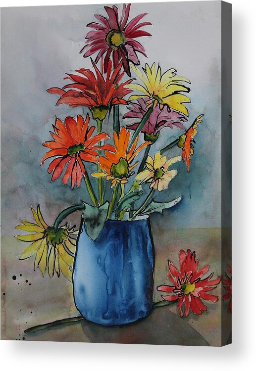 Flowers Acrylic Print featuring the painting Gerberas in a Blue Pot by Ruth Kamenev