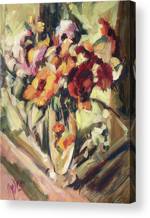 Flower Acrylic Print featuring the painting Gerberas in glass vase by Nop Briex