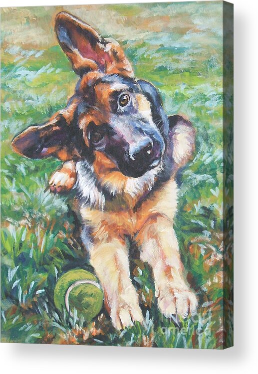 Dog Acrylic Print featuring the painting German shepherd pup with ball by Lee Ann Shepard