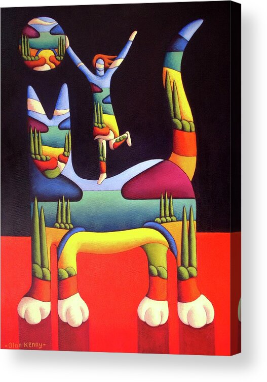 Cat Acrylic Print featuring the painting Girl on cat in landscape in cat by Alan Kenny