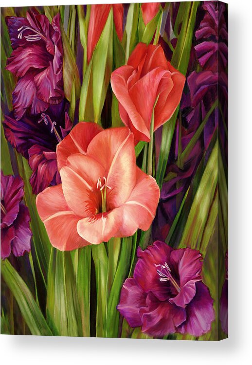  Acrylic Print featuring the painting Gladiolus a Bee's View by Nancy Tilles