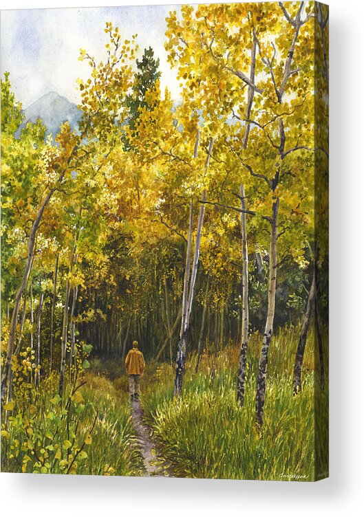 Golden Leaves Painting Acrylic Print featuring the painting Golden Solitude by Anne Gifford