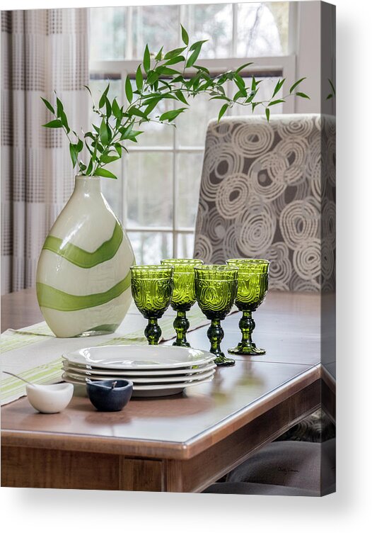 Glasses Acrylic Print featuring the photograph Green Decor Dinning Table Place Settings by Betty Denise